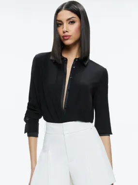 Alice   Olivia - Willa Relaxed Placket Top With Piping Detail - Black