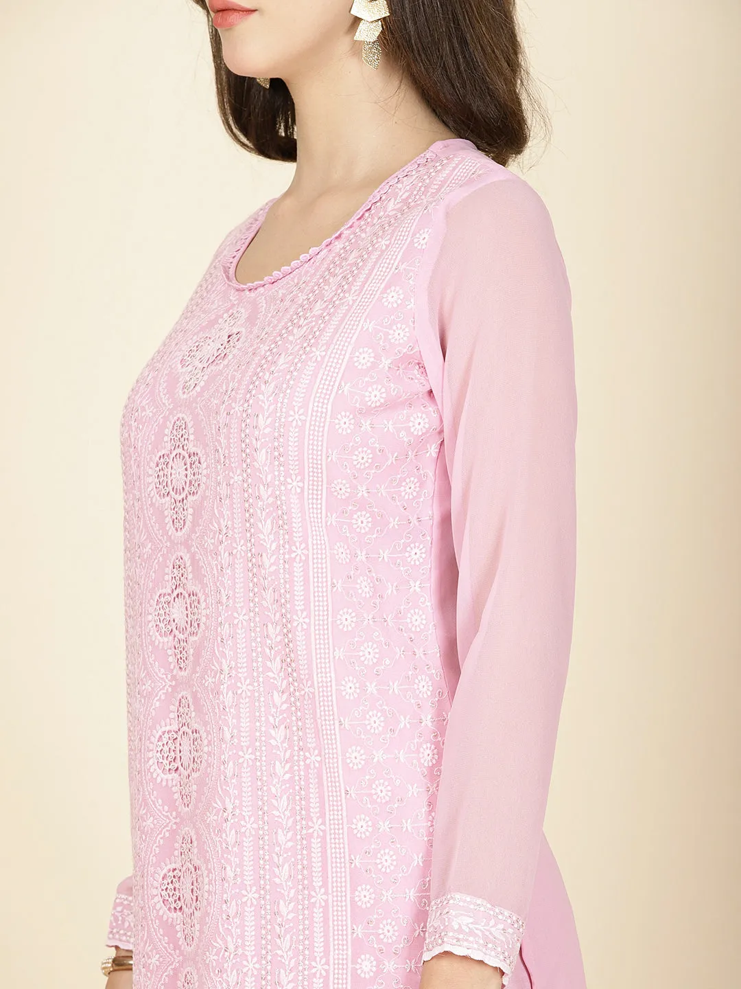 All Over Embroidered Georgette Kurta With Pants & Dupatta