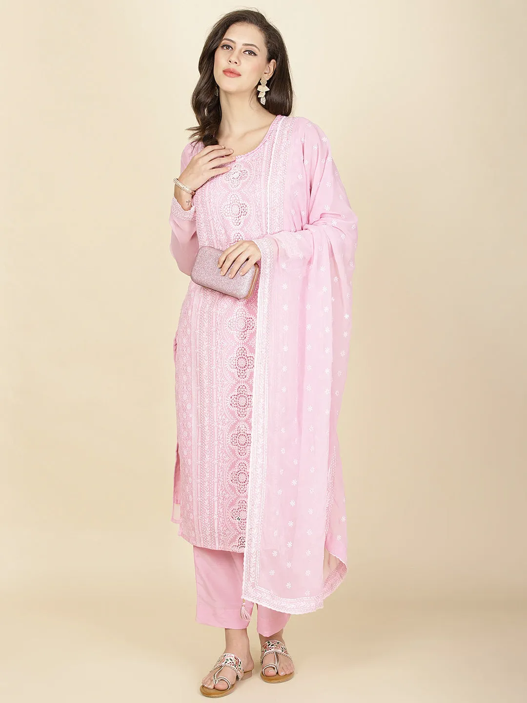 All Over Embroidered Georgette Kurta With Pants & Dupatta