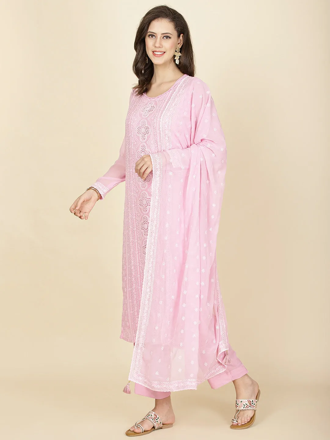 All Over Embroidered Georgette Kurta With Pants & Dupatta