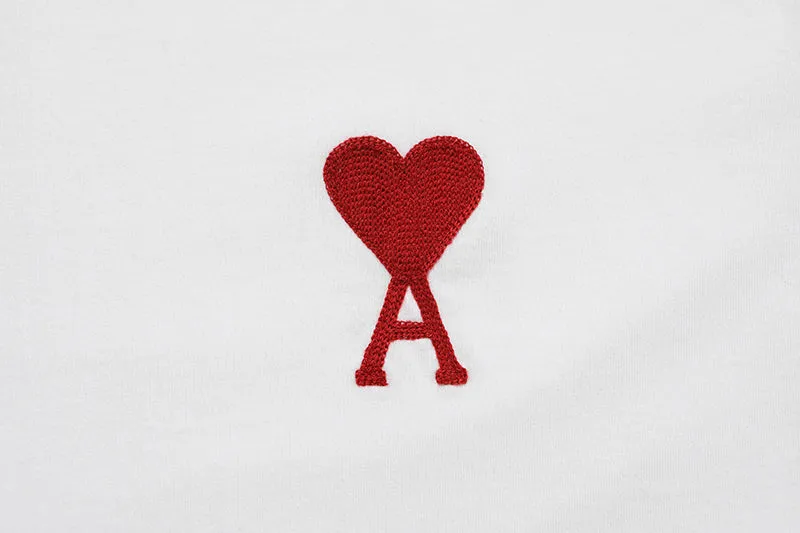 AMI PARIS - WHITE TEE WITH BIG RED HEART LOGO EMBROIDERED