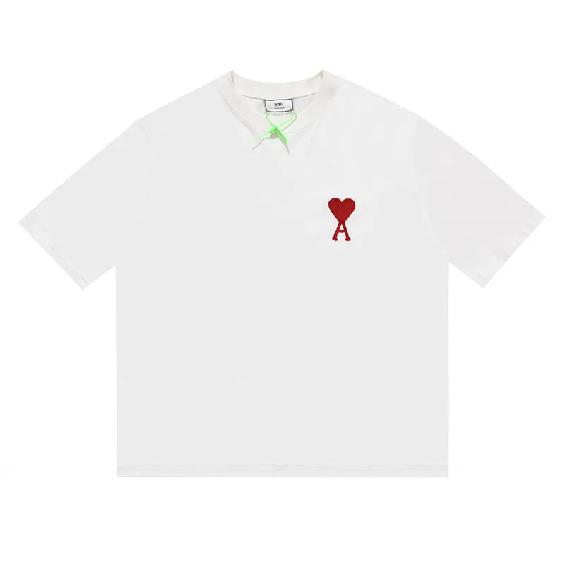 AMI PARIS - WHITE TEE WITH BIG RED HEART LOGO EMBROIDERED