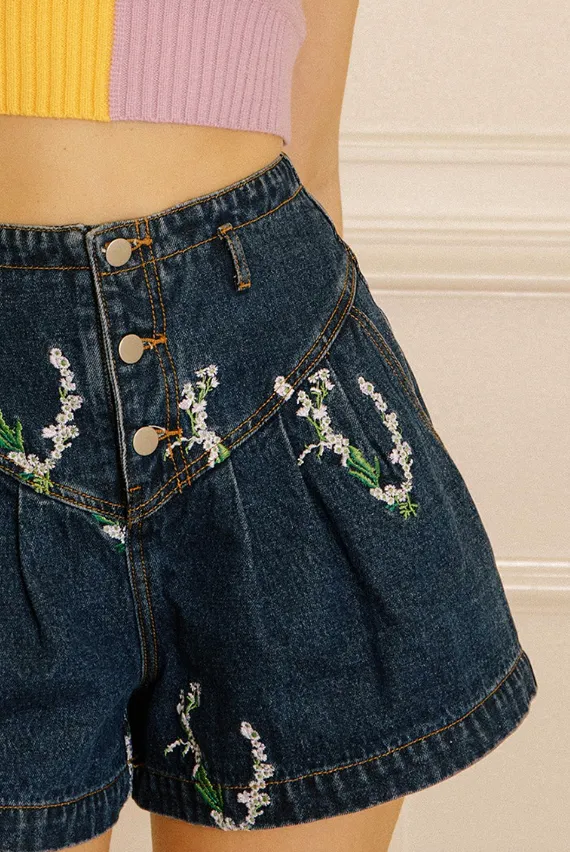 Angelica Embroidered Floral Denim Shorts