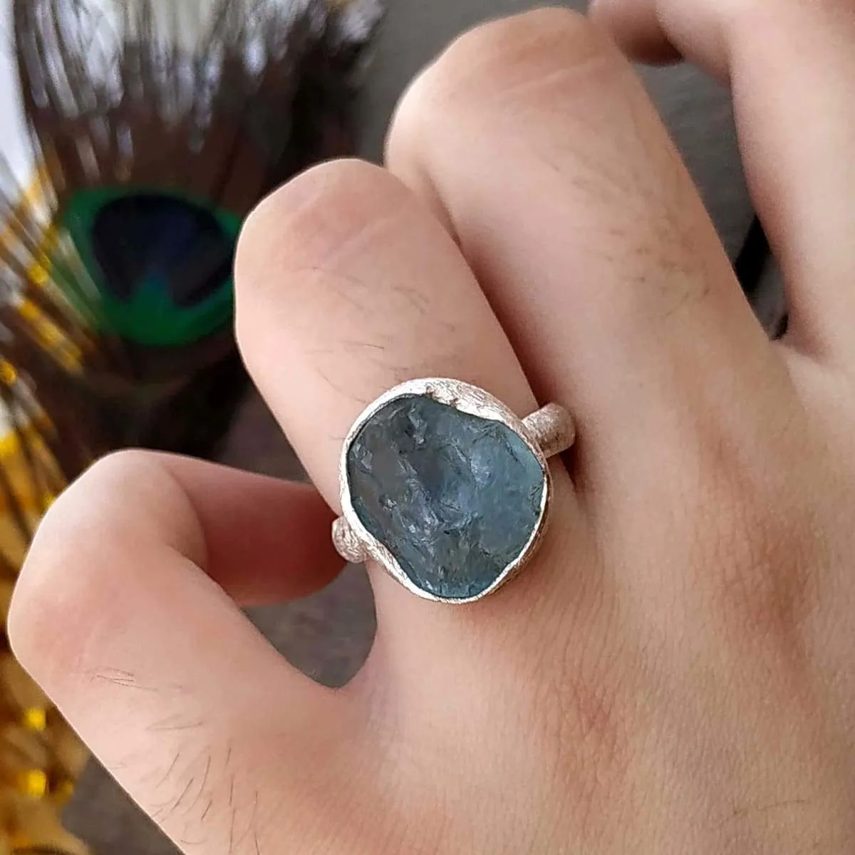 Aquamarine Birthstone Ring, Silver Rough Stone, 925 Sterling Silver