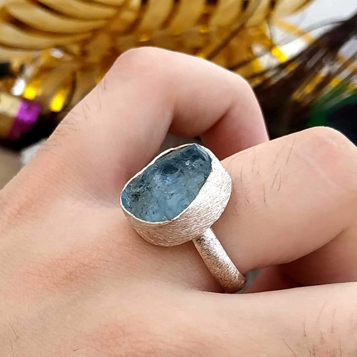 Aquamarine Birthstone Ring, Silver Rough Stone, 925 Sterling Silver