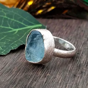 Aquamarine Birthstone Ring, Silver Rough Stone, 925 Sterling Silver