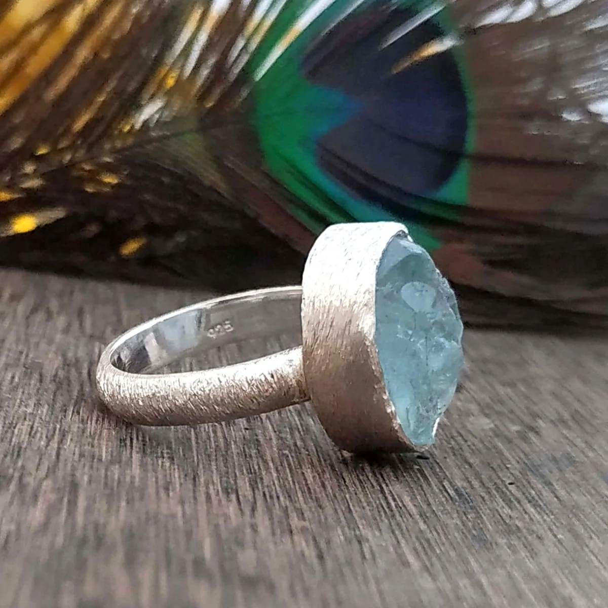 Aquamarine Birthstone Ring, Silver Rough Stone, 925 Sterling Silver