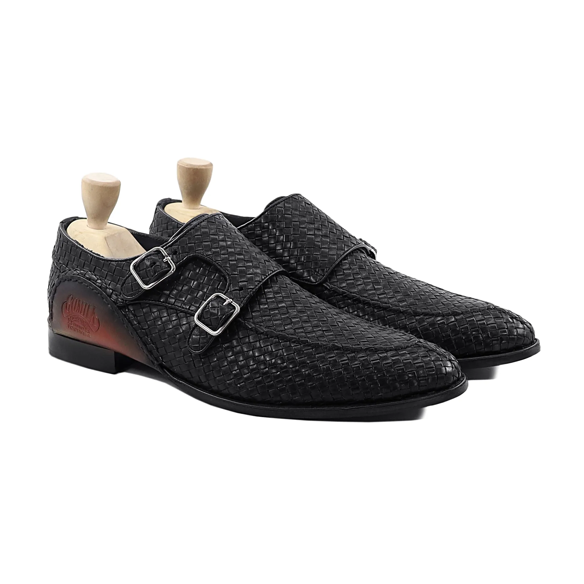 Azula - Men's Black Hand Woven Calf Leather Double Monkstrap