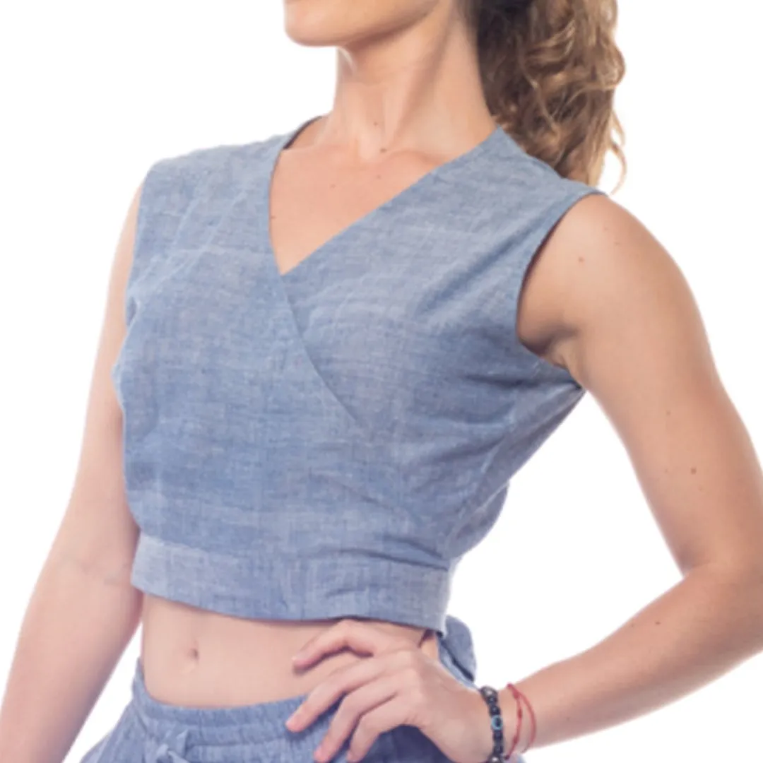 Azure-Blue Handwoven Cotton Sleeveless Wrap Crop Top | Sleeveless Top | Wrap Top