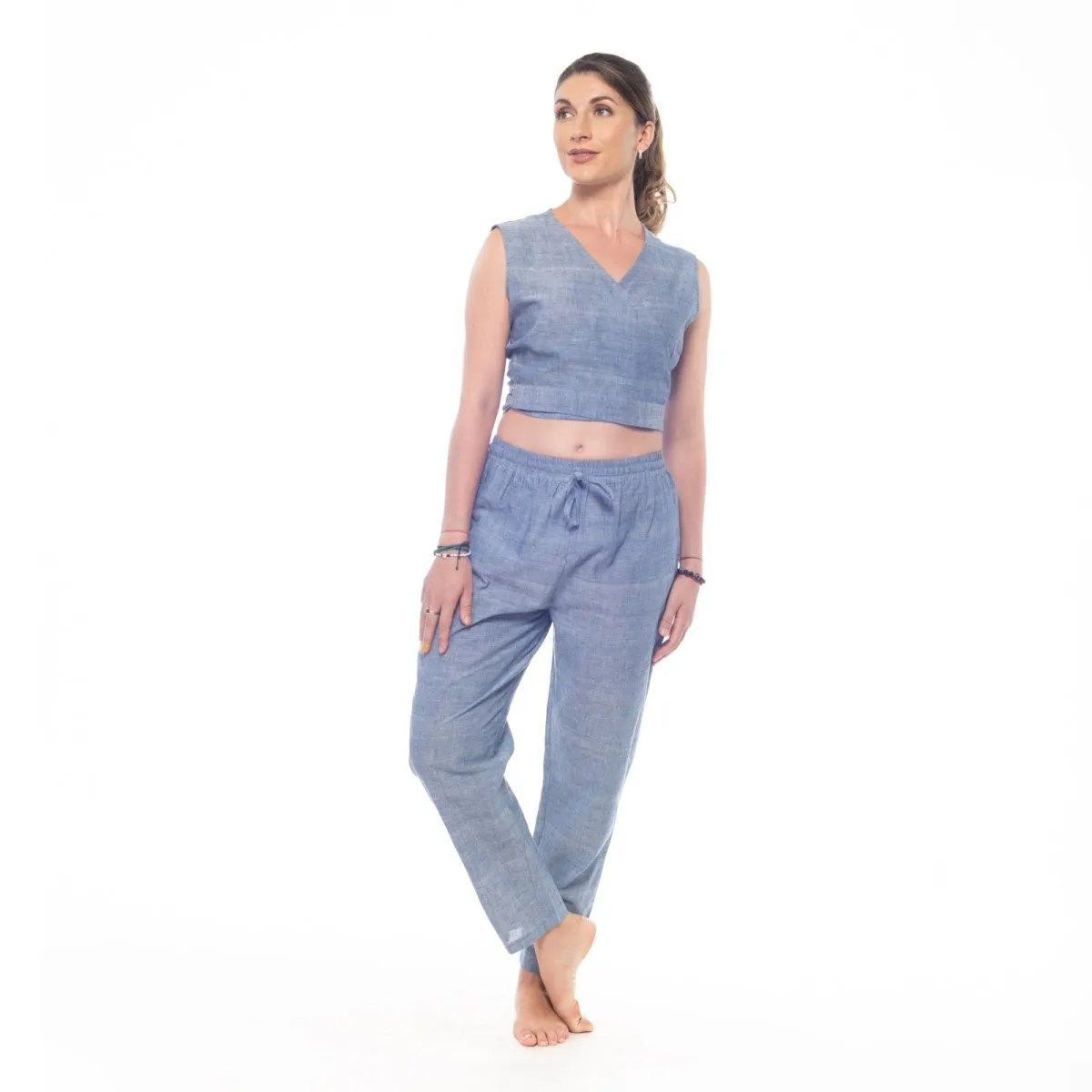 Azure-Blue Handwoven Cotton Sleeveless Wrap Crop Top | Sleeveless Top | Wrap Top