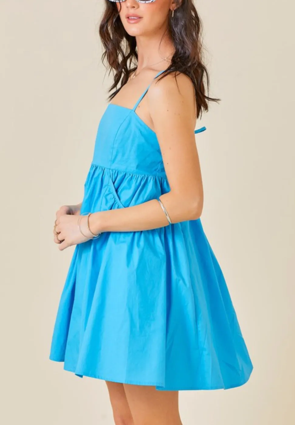 Azure sleeveless  babydoll mini dress with pockets