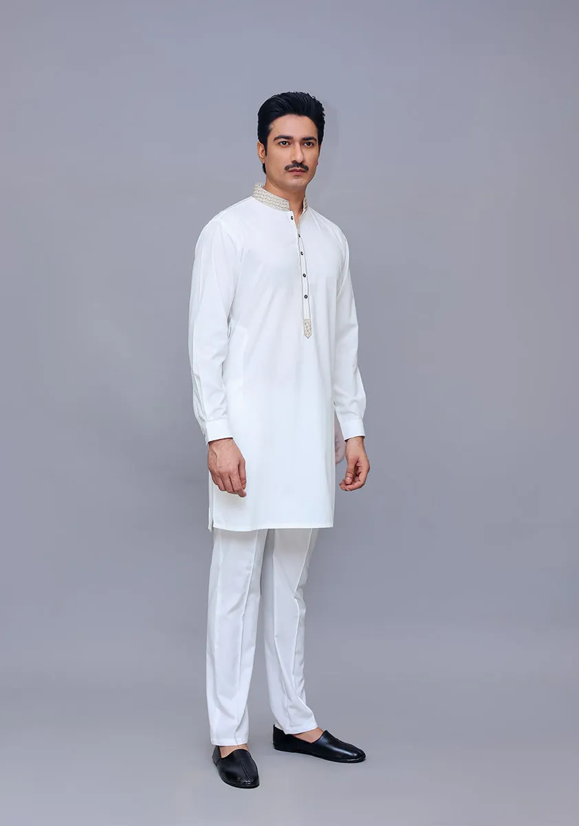 Basic Poly Viscose Cloud Dancer  Slim Fit Embroidered Suit