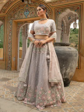 Beautiful Grey colored Heavy Embroidered Lehenga Set - Rent