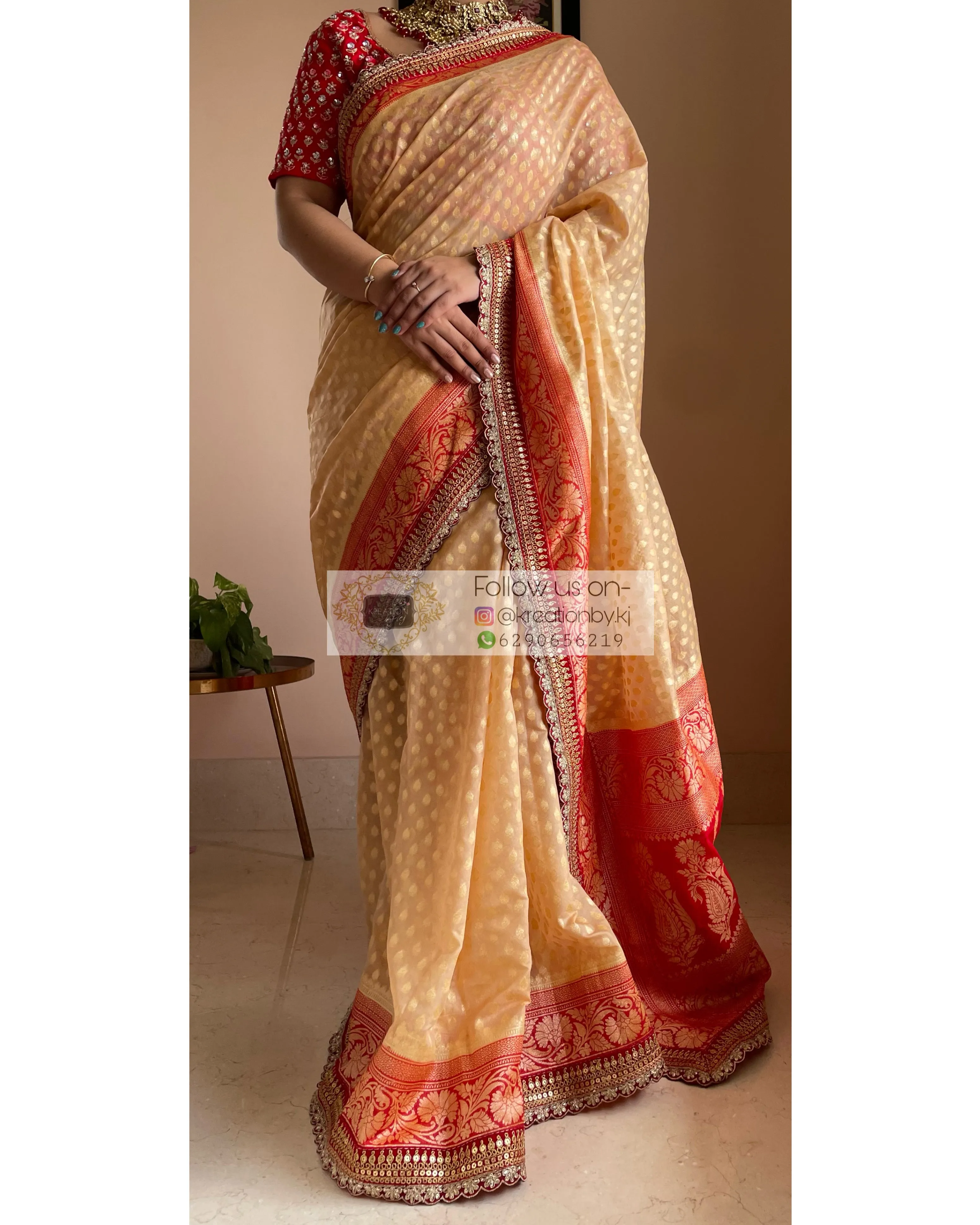 Beige Banarasi Georgette Saree with Red Border