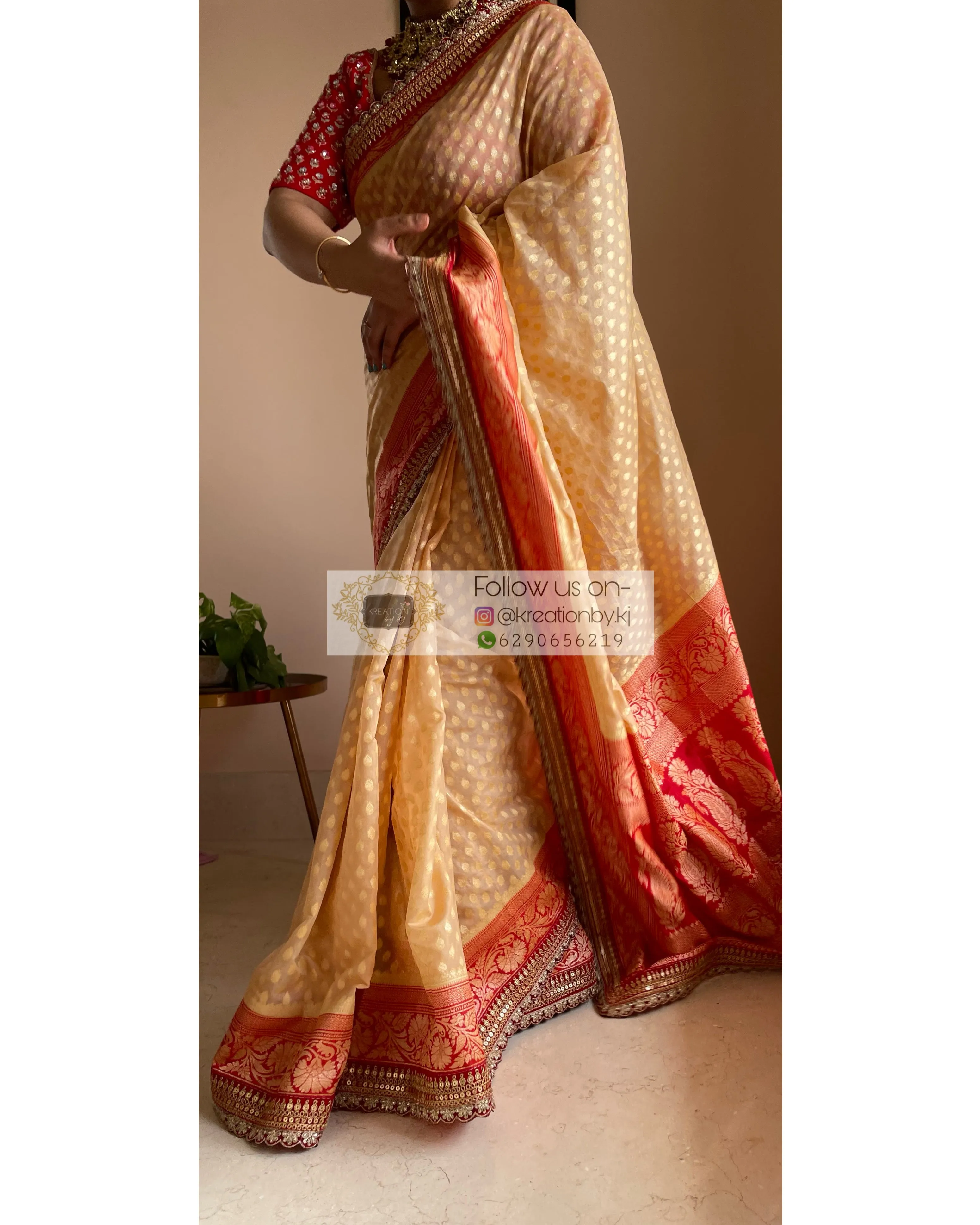 Beige Banarasi Georgette Saree with Red Border