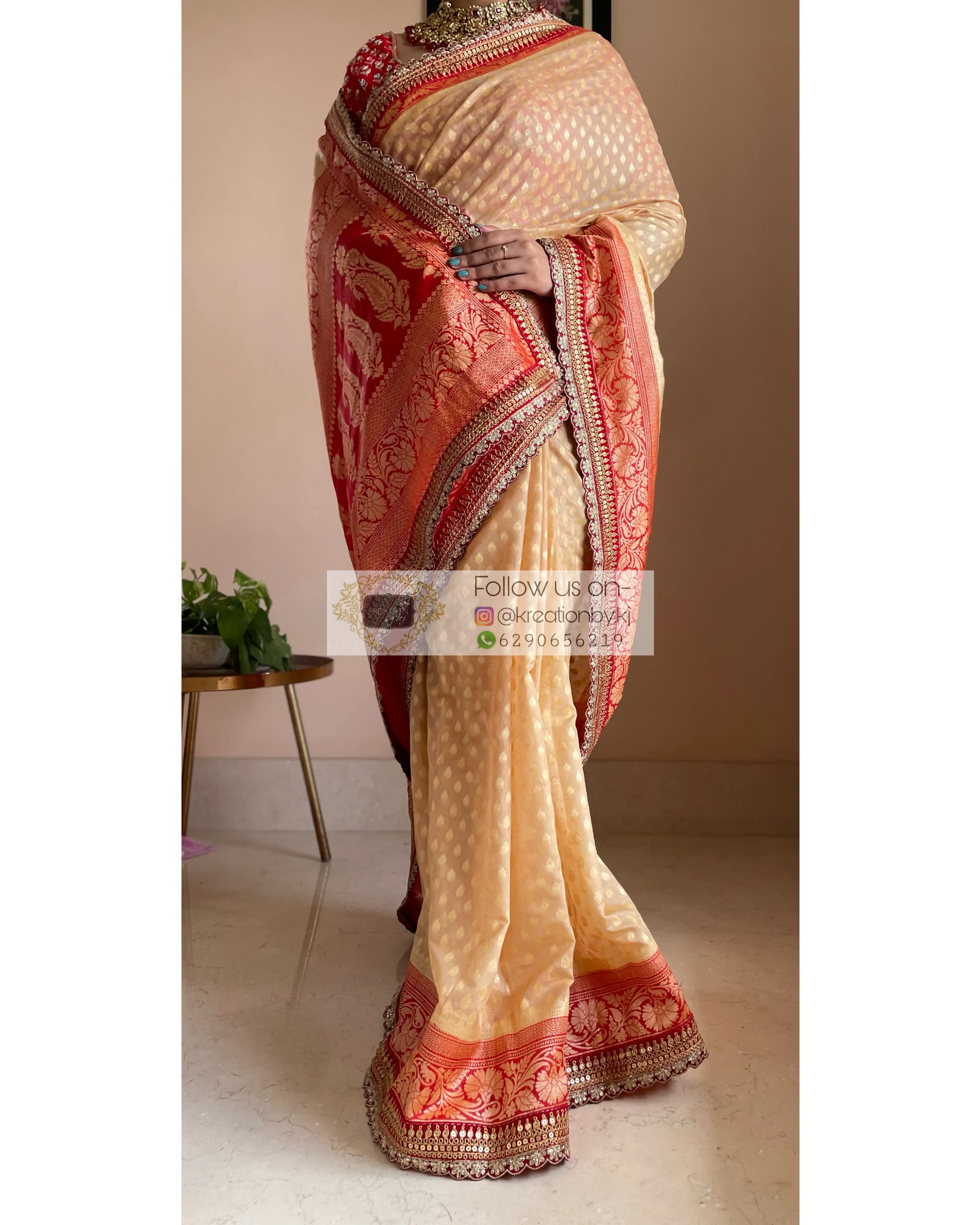 Beige Banarasi Georgette Saree with Red Border