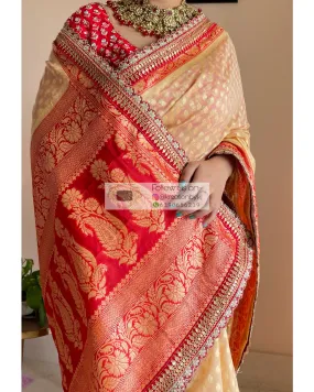 Beige Banarasi Georgette Saree with Red Border