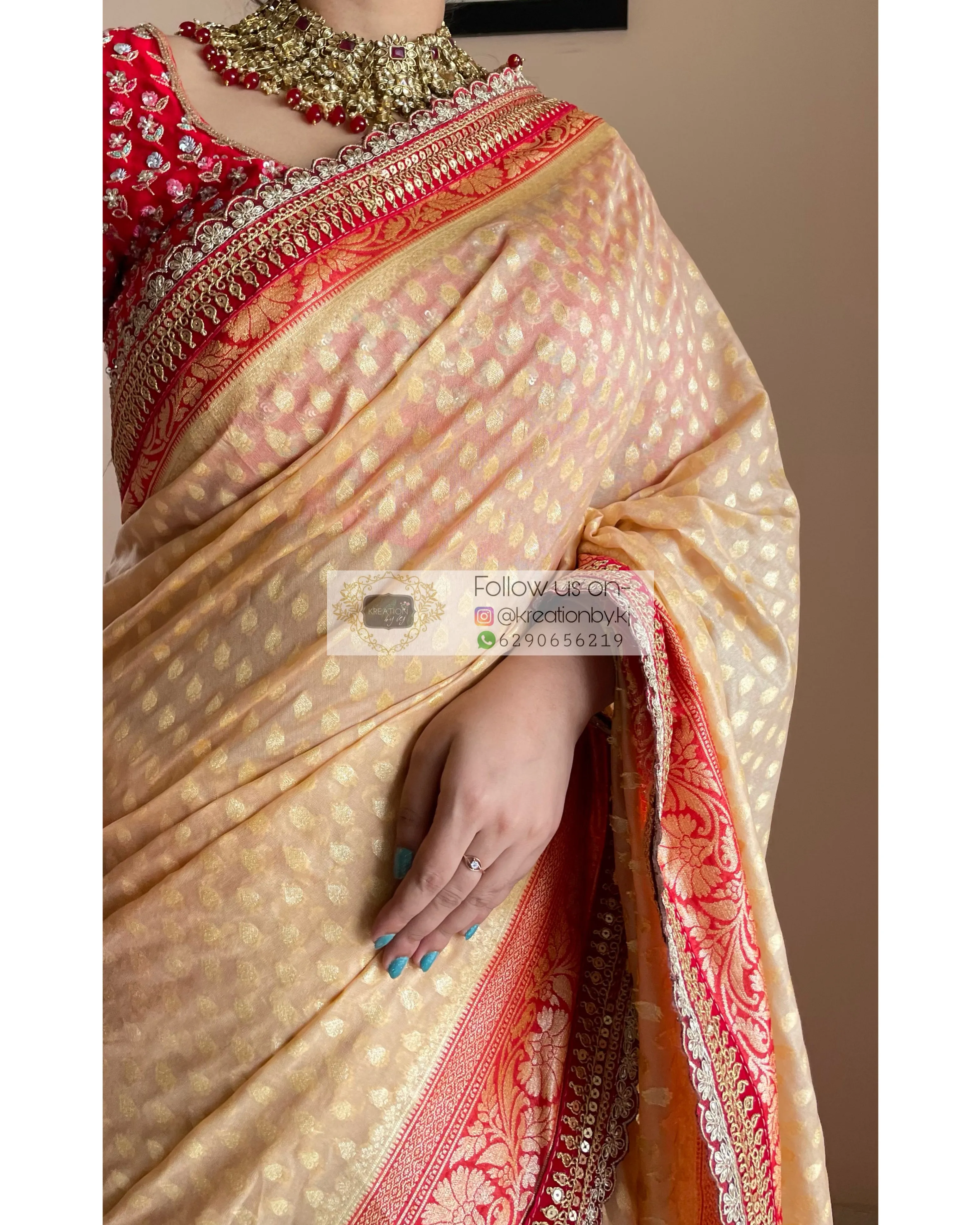 Beige Banarasi Georgette Saree with Red Border