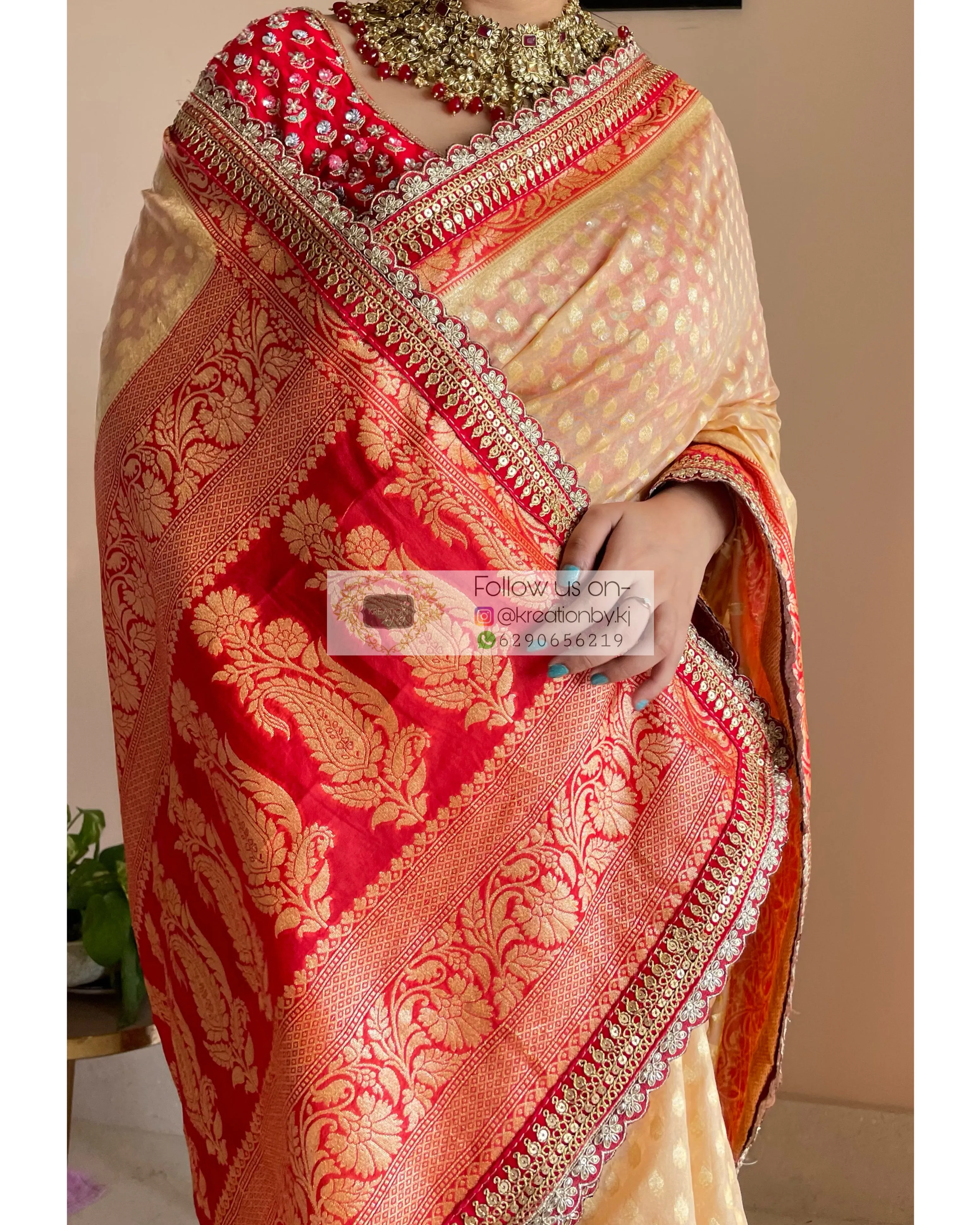 Beige Banarasi Georgette Saree with Red Border