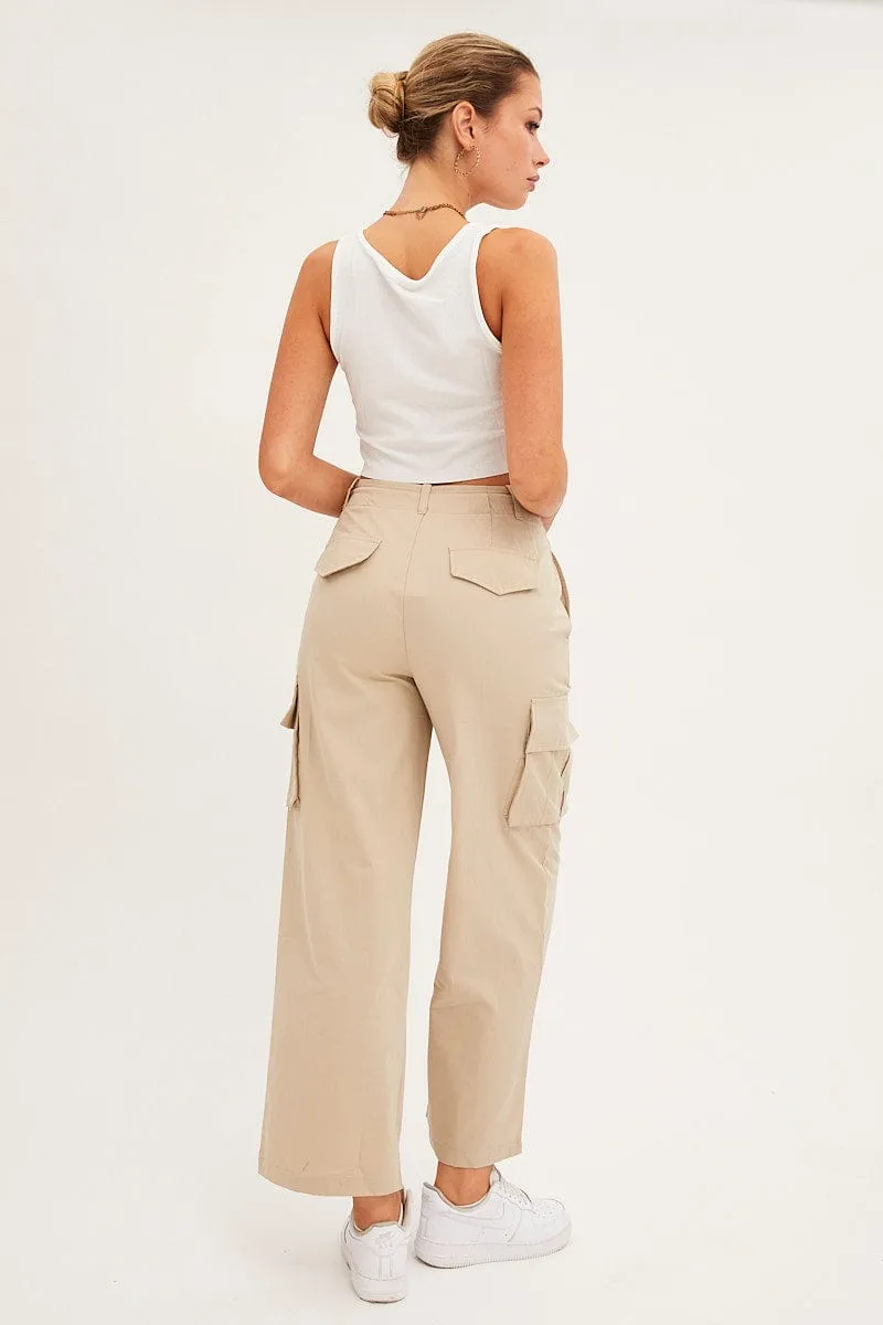 Beige Cargo Pants Relaxed Wide Leg