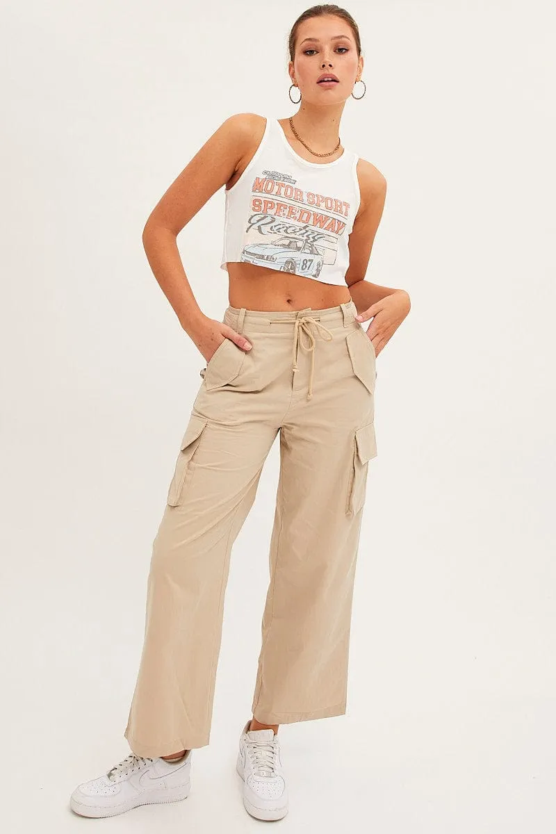 Beige Cargo Pants Relaxed Wide Leg