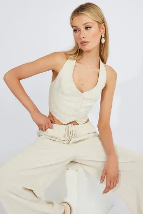 Beige Halter Neck Vest V Neckline Linen