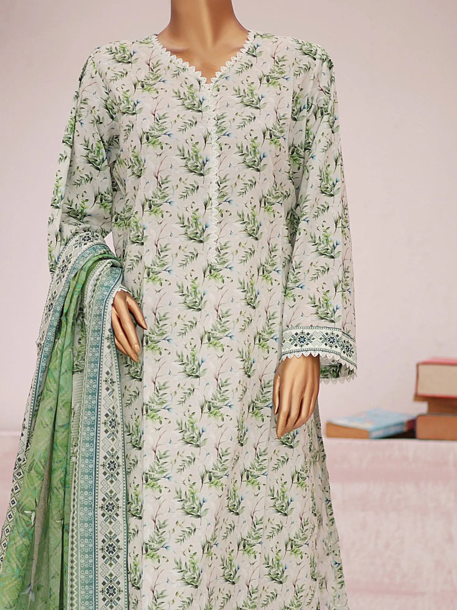 Bin Saeed Printed Lawn 3-Piece Suit - Pista Green