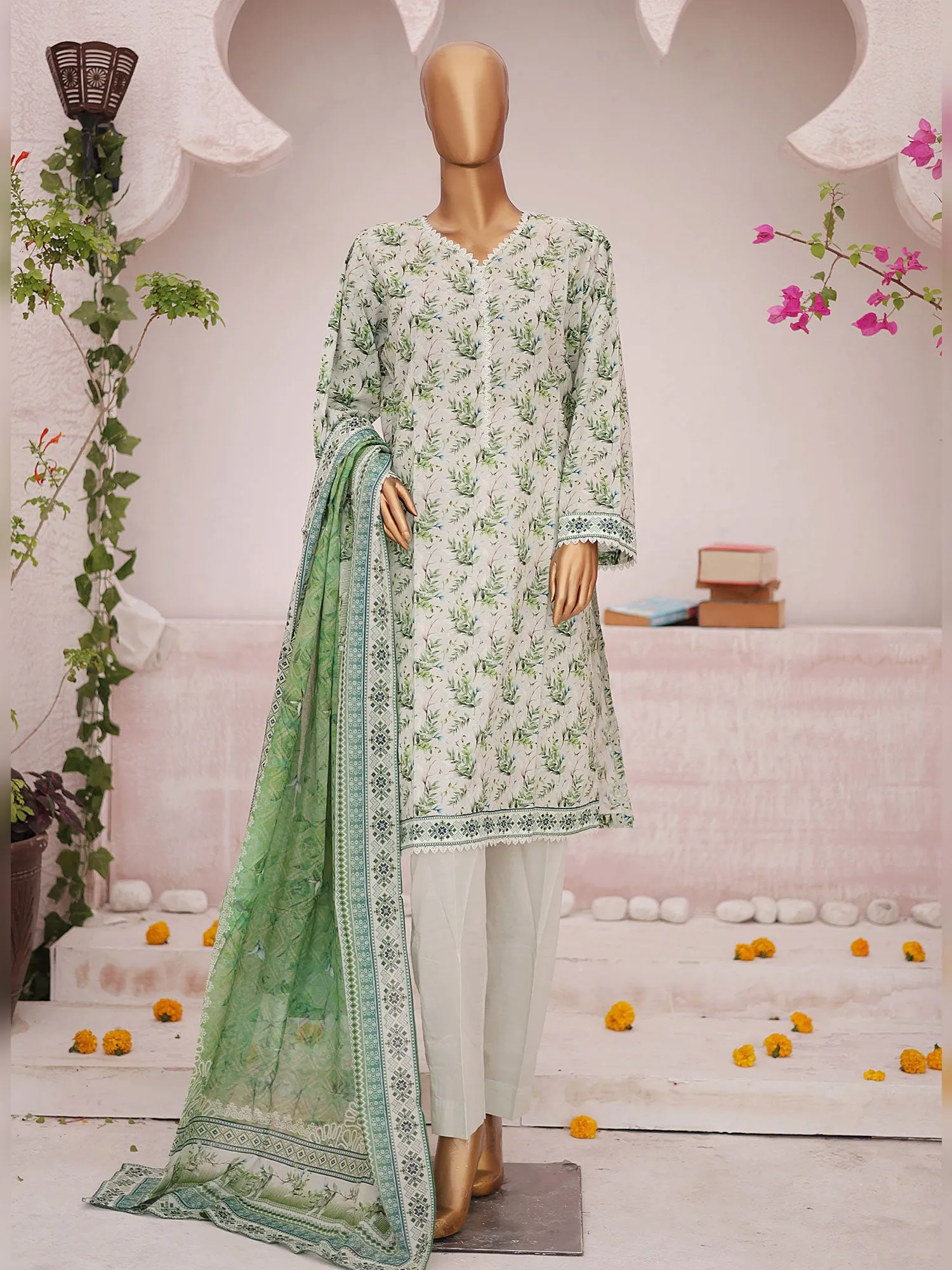 Bin Saeed Printed Lawn 3-Piece Suit - Pista Green