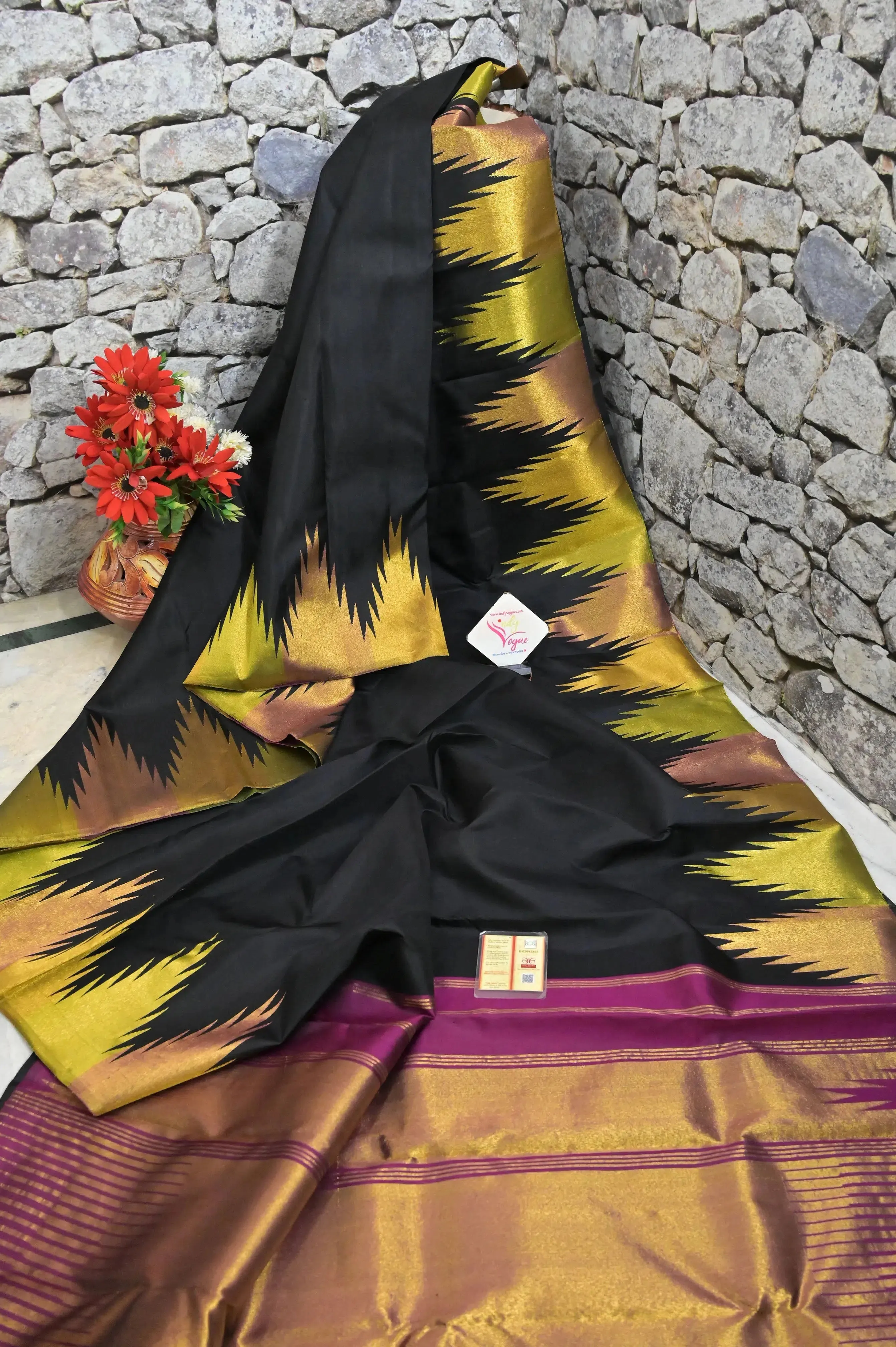 Black and Multi-Colored Zari Temple Border Pure Kanjeevaram Silk Saree