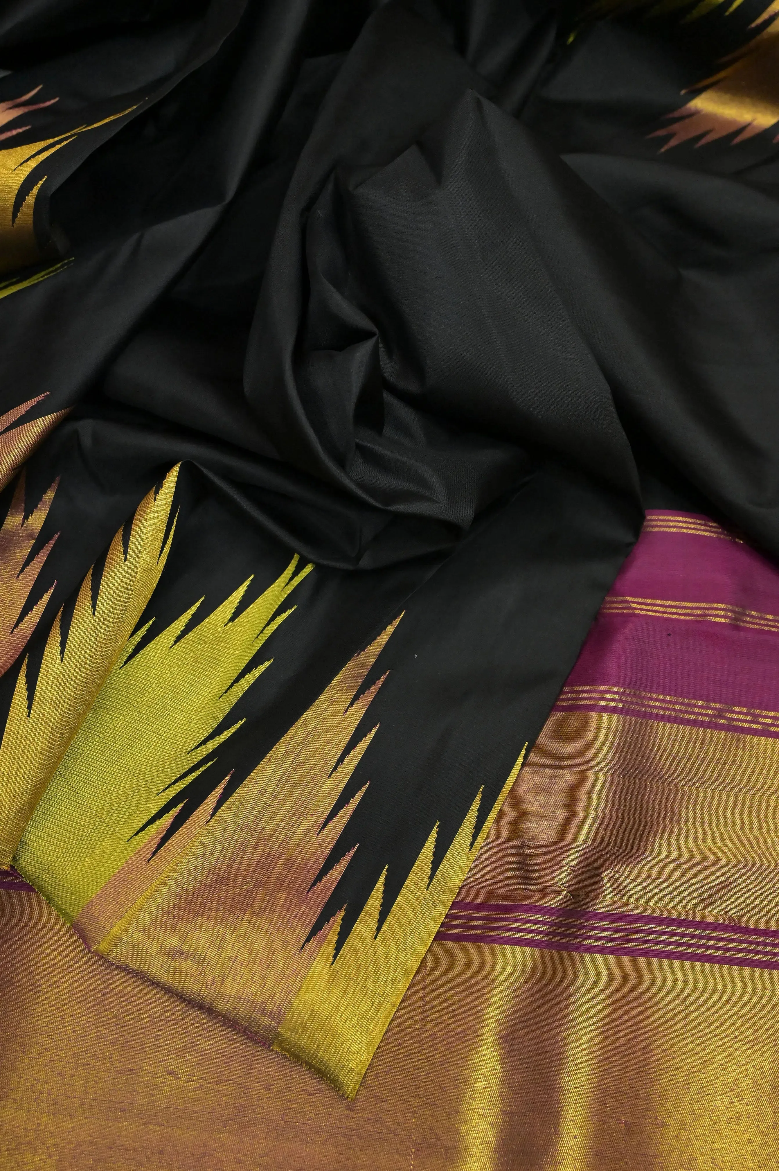 Black and Multi-Colored Zari Temple Border Pure Kanjeevaram Silk Saree