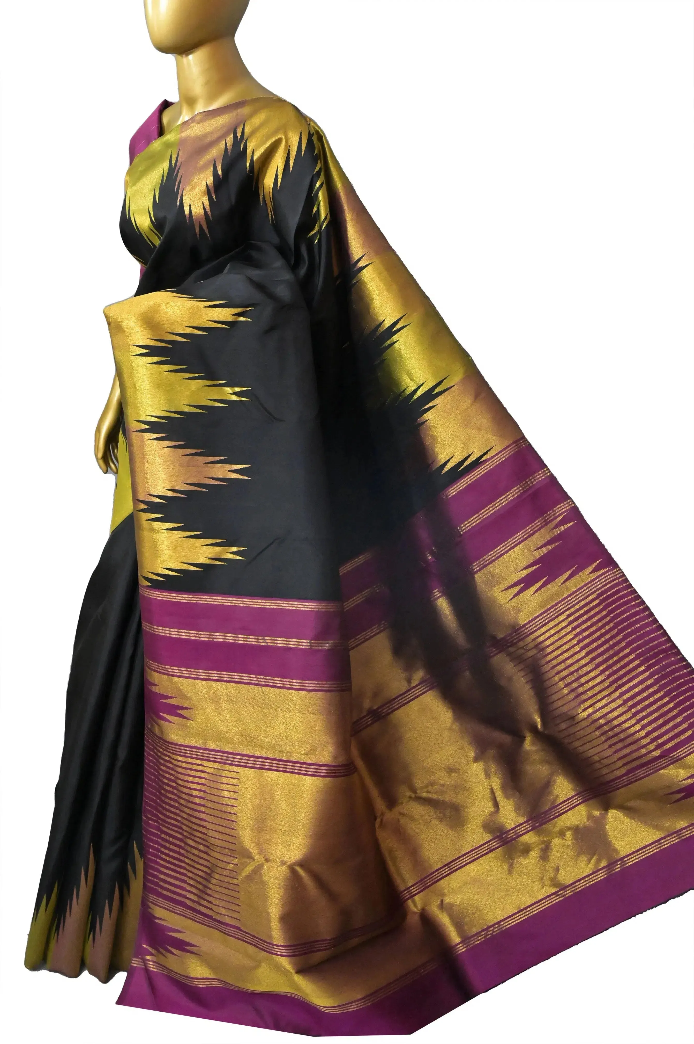 Black and Multi-Colored Zari Temple Border Pure Kanjeevaram Silk Saree