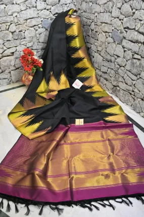 Black and Multi-Colored Zari Temple Border Pure Kanjeevaram Silk Saree