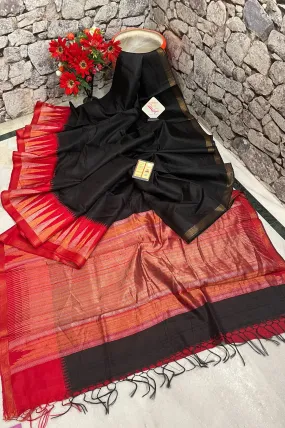 Black and Red Color Pure raw Silk Saree with Temple Border