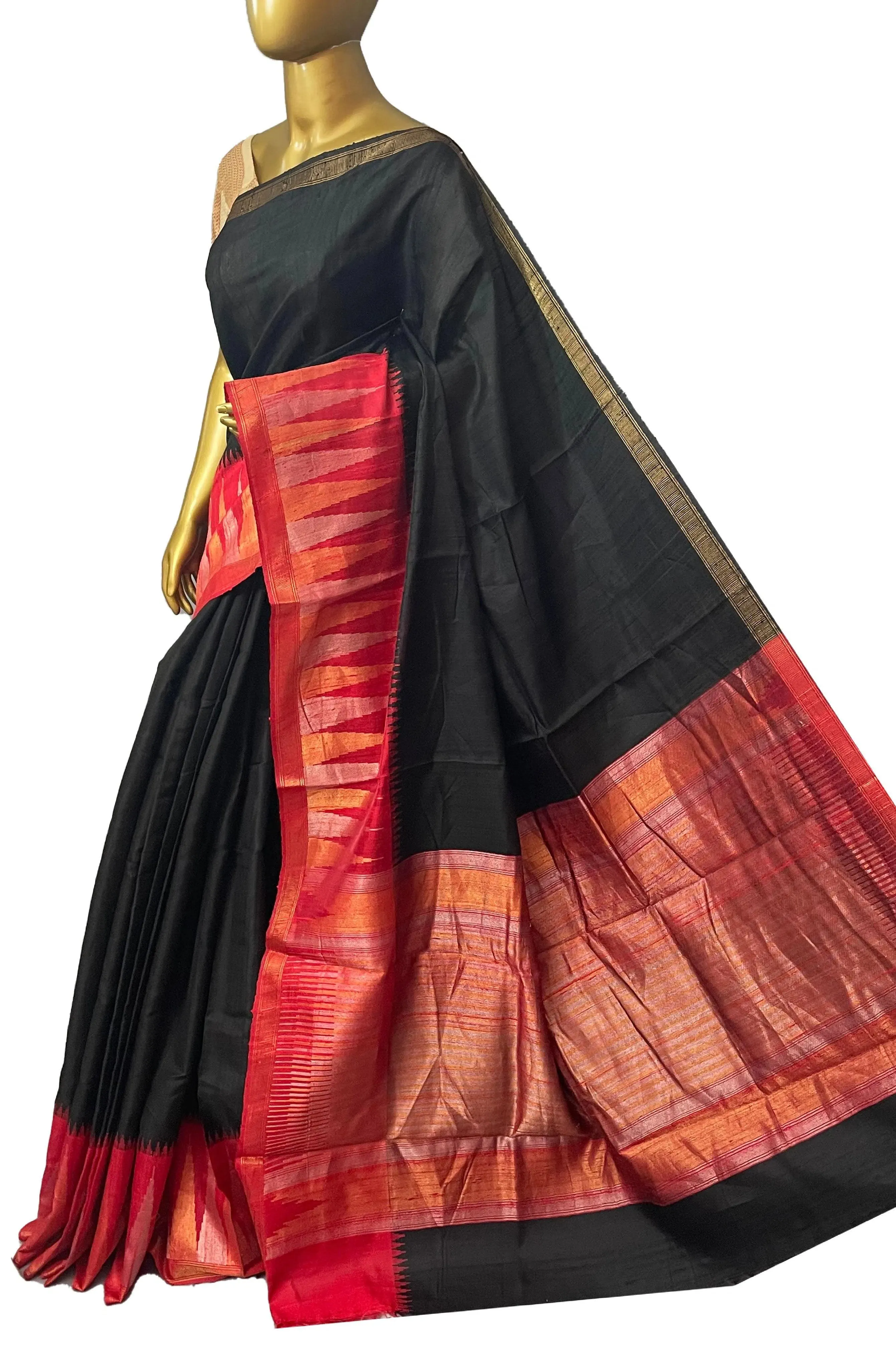 Black and Red Color Pure raw Silk Saree with Temple Border