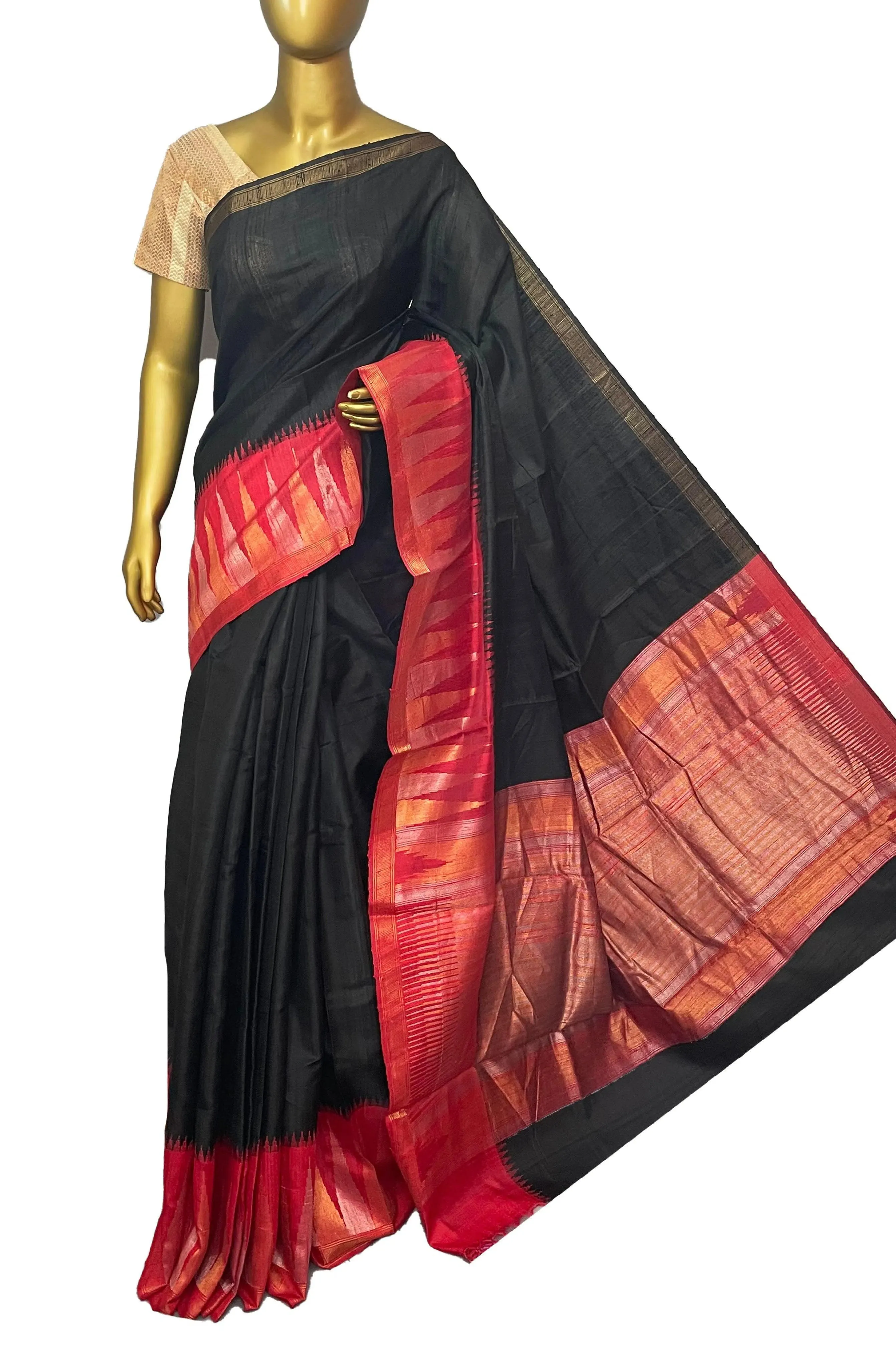 Black and Red Color Pure raw Silk Saree with Temple Border