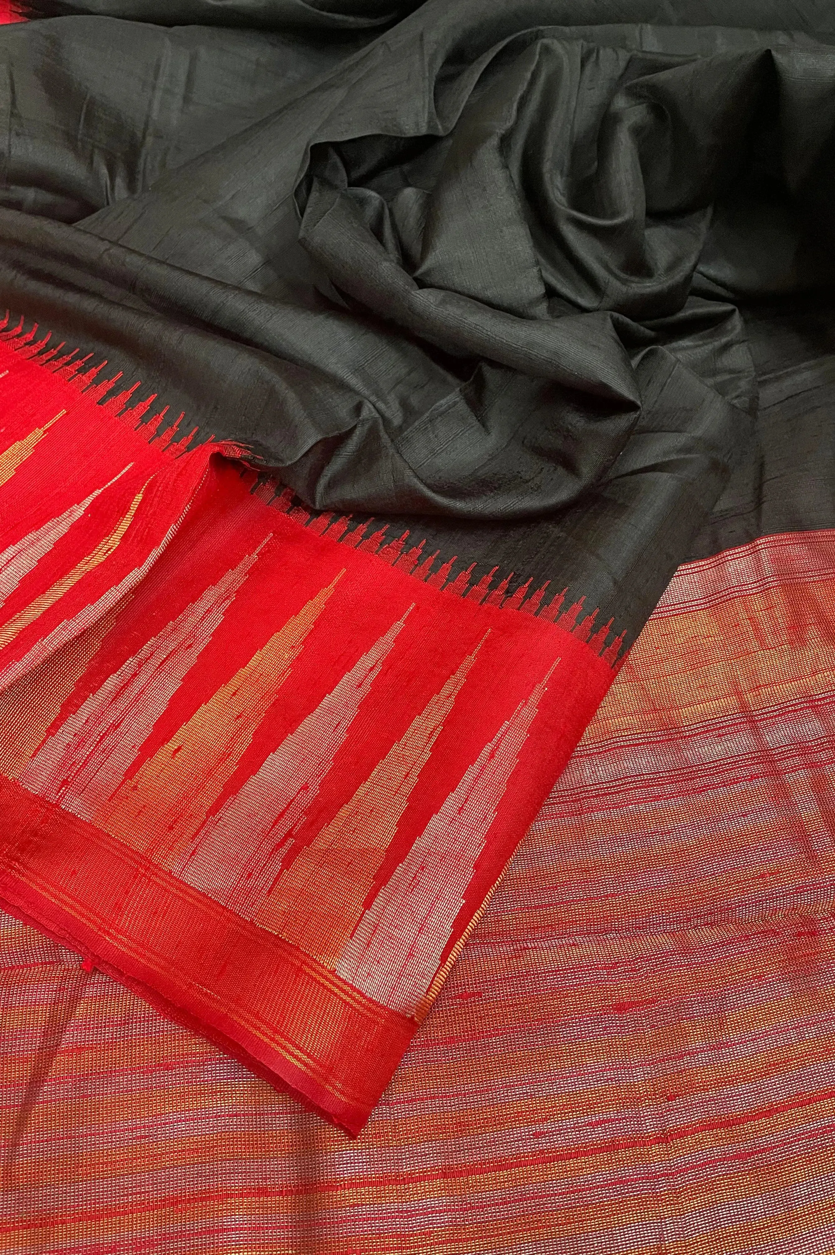 Black and Red Color Pure raw Silk Saree with Temple Border