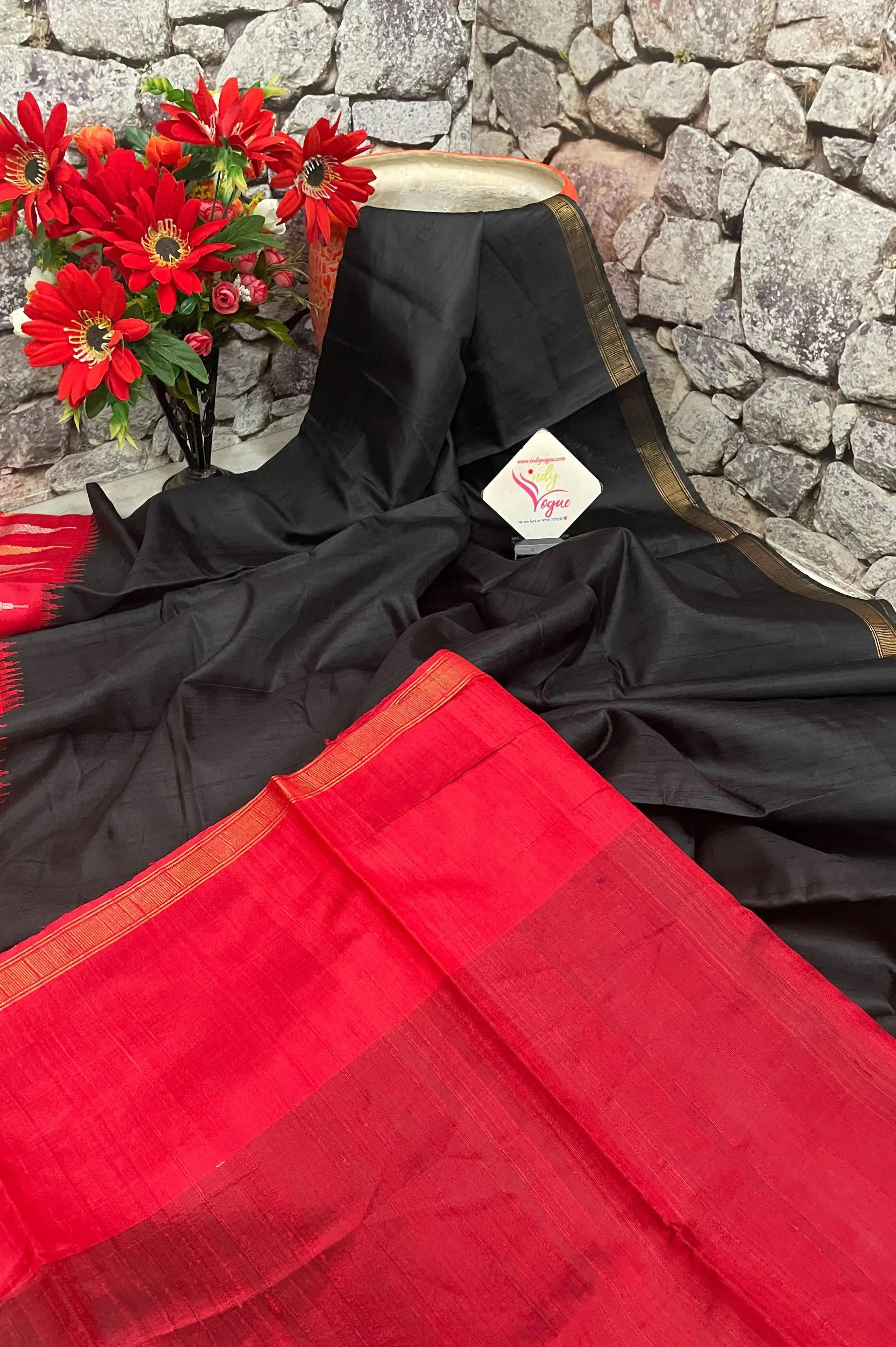 Black and Red Color Pure raw Silk Saree with Temple Border