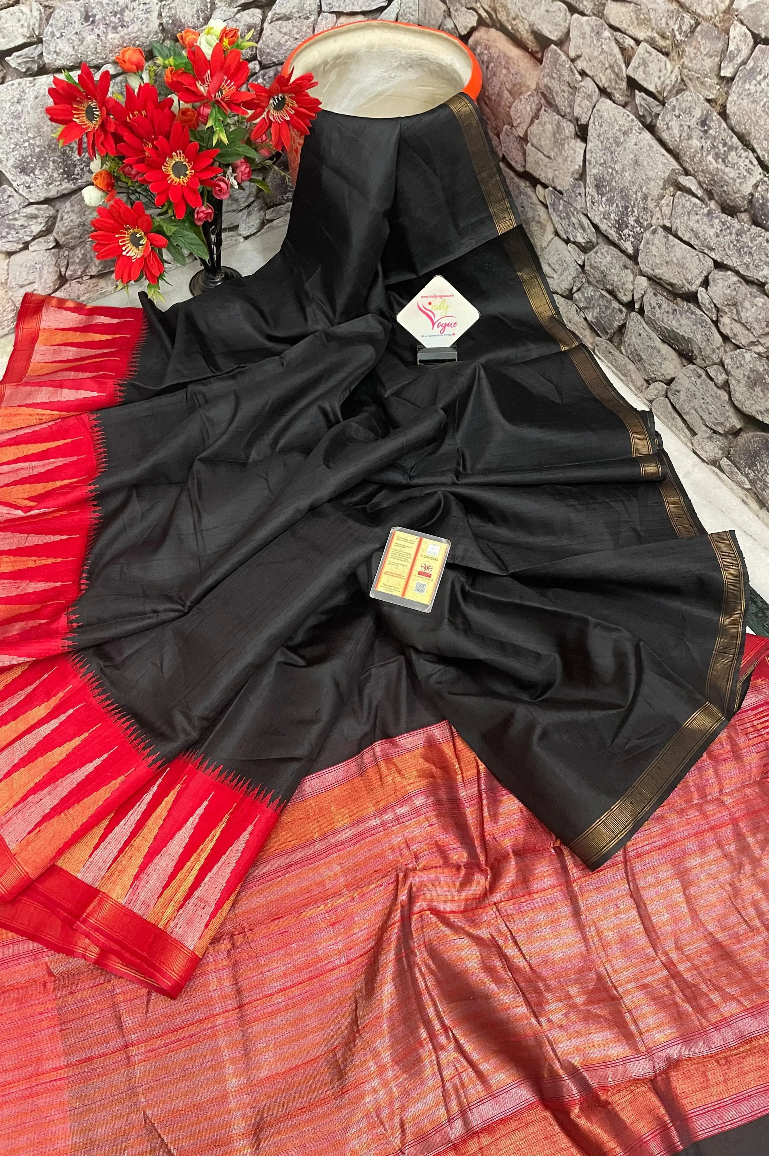 Black and Red Color Pure raw Silk Saree with Temple Border