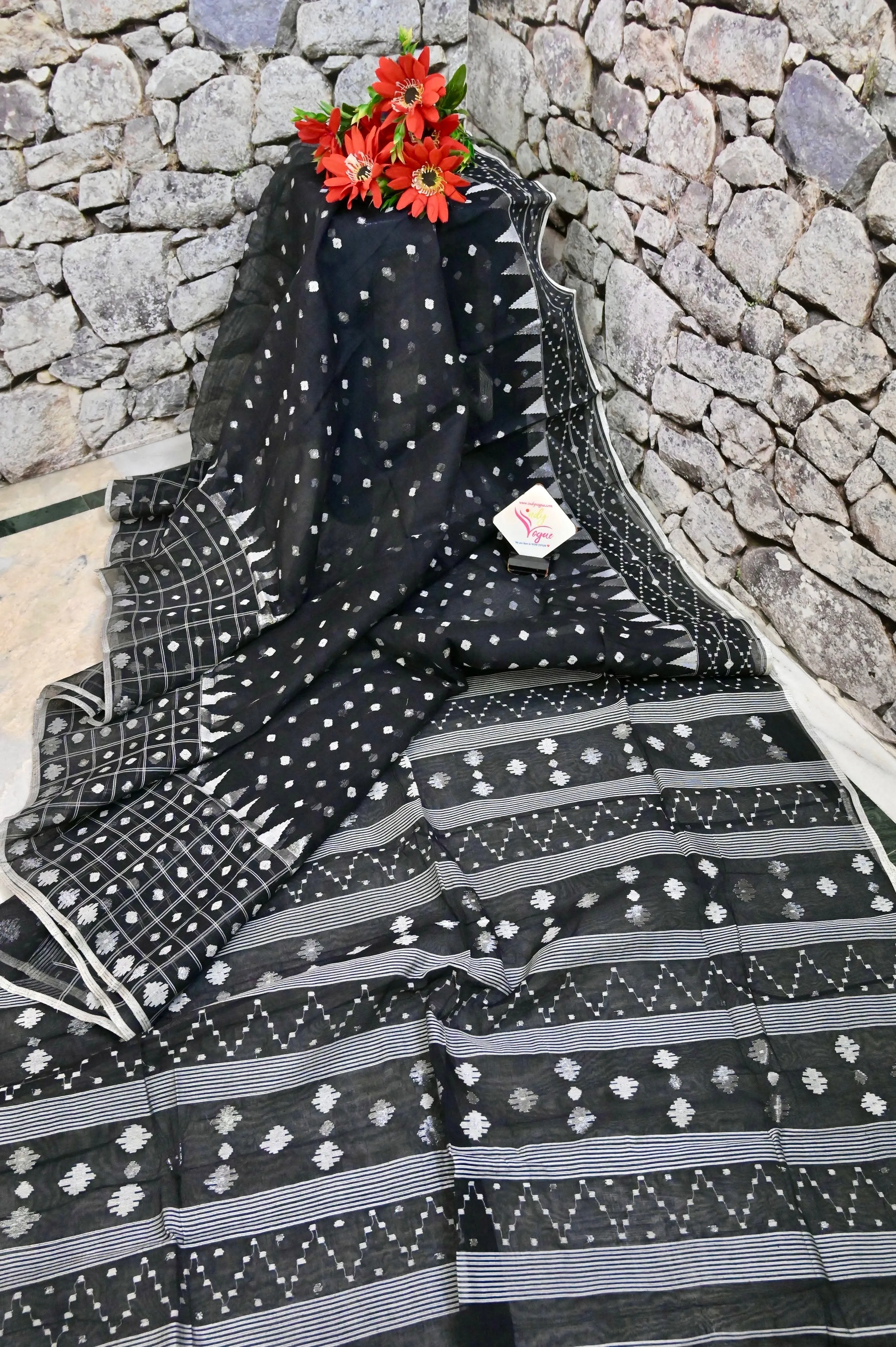 Black Color Pure Bangladeshi Jamdani Saree with Silver and White Weaving