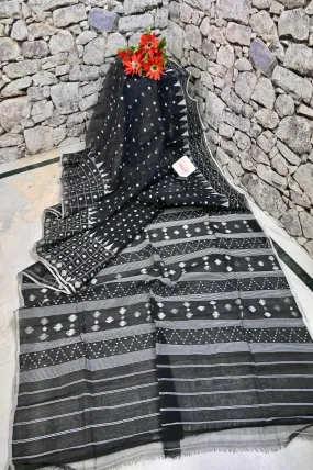 Black Color Pure Bangladeshi Jamdani Saree with Silver and White Weaving