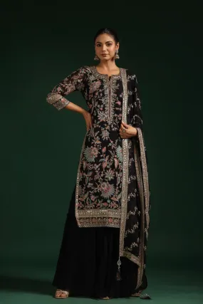 Black Embroidered Premium Georgette Sharara Set