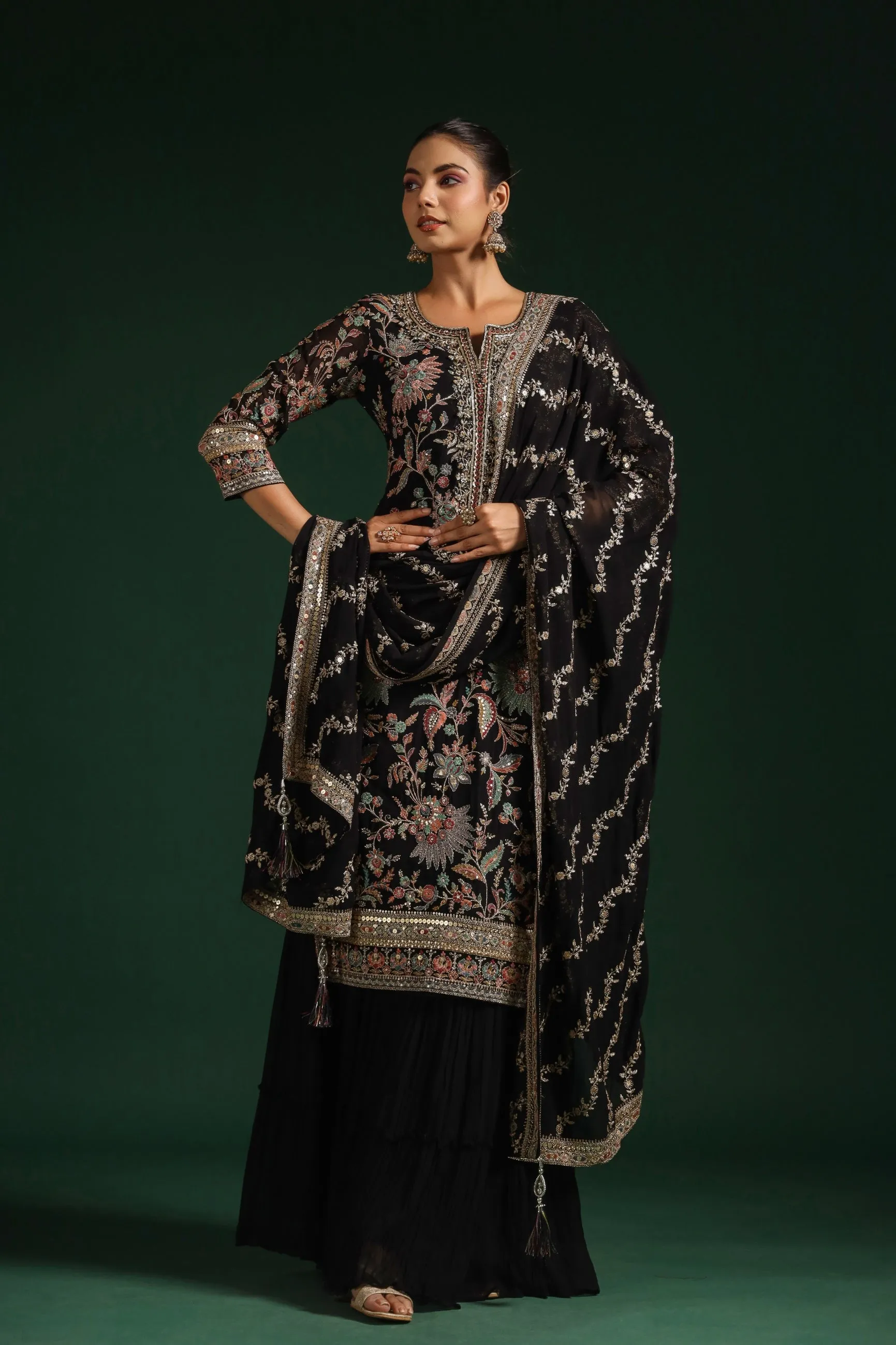 Black Embroidered Premium Georgette Sharara Set