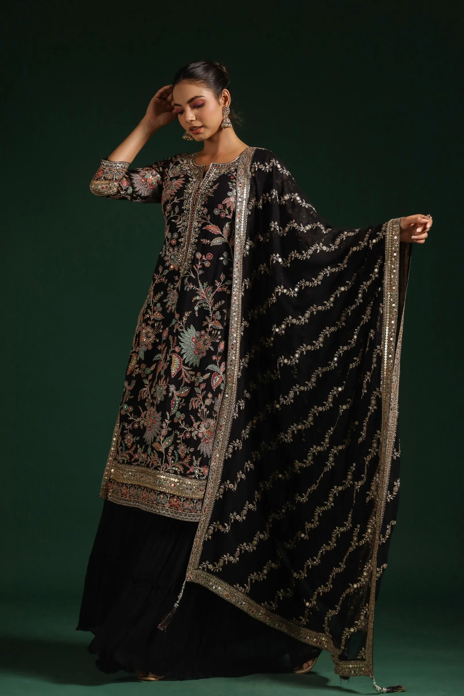 Black Embroidered Premium Georgette Sharara Set