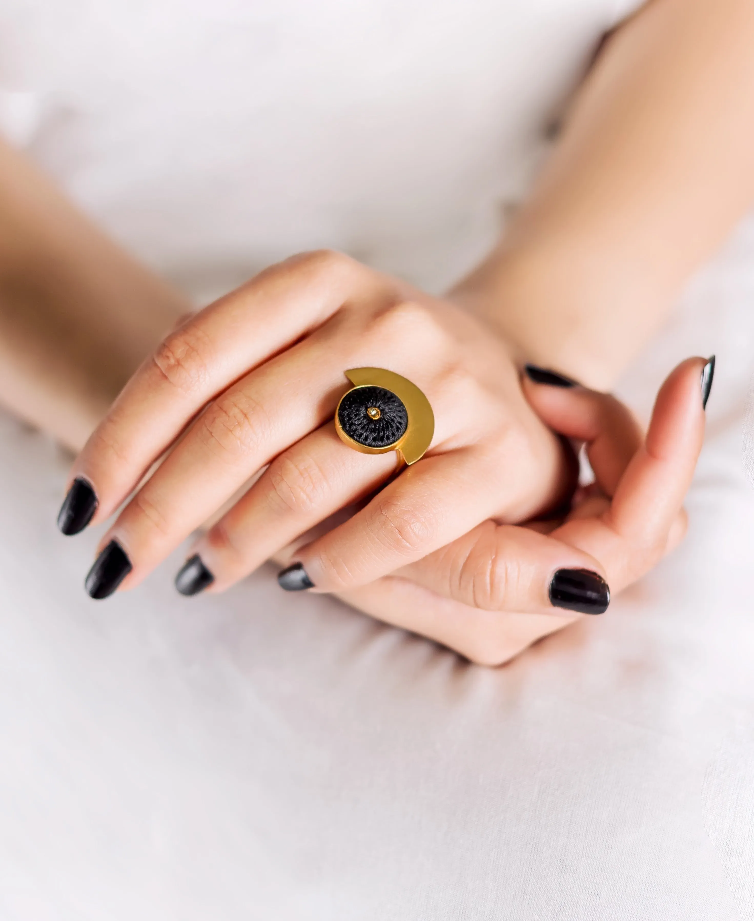 Black Embroidered Round Adjustable Ring