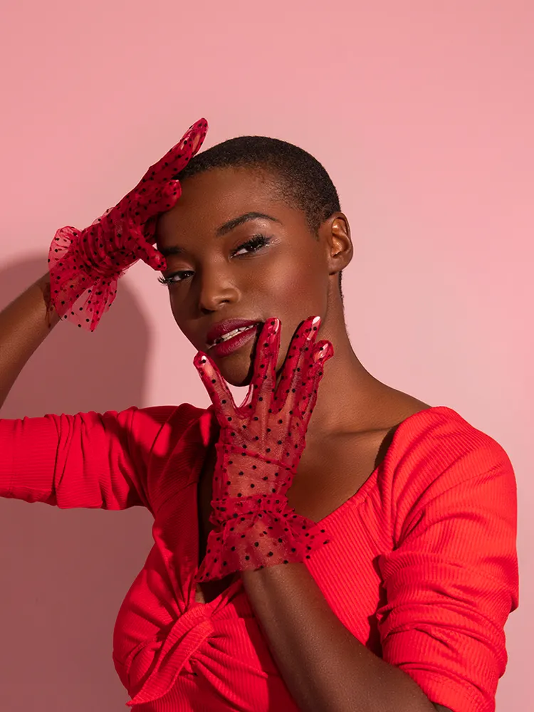 Black Polka Dot Wristlet Gloves in Red Mesh