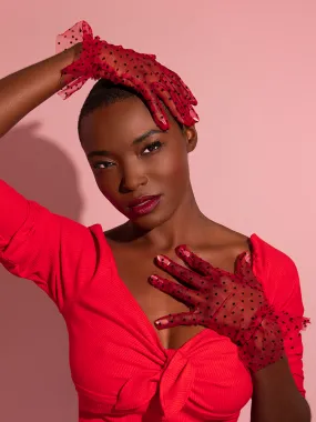 Black Polka Dot Wristlet Gloves in Red Mesh