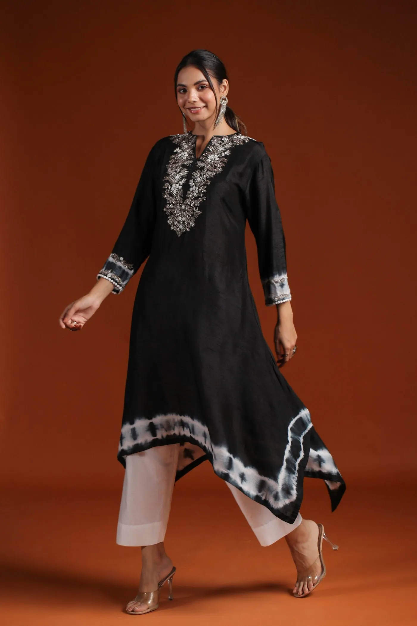 Black Tie Dyed Embellished Kurta & Pant