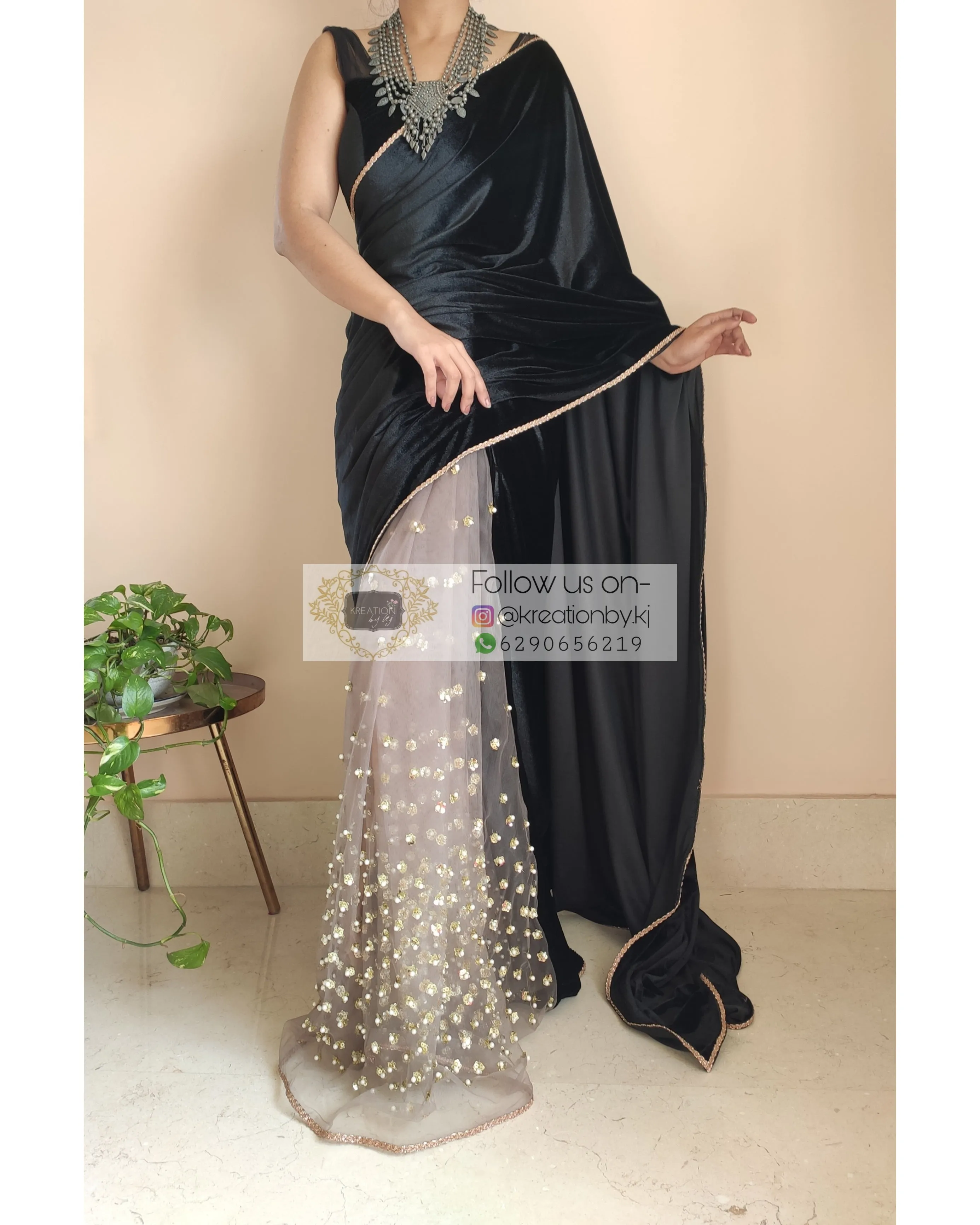 Black Velvet And Chocolate Net Embellished Saree