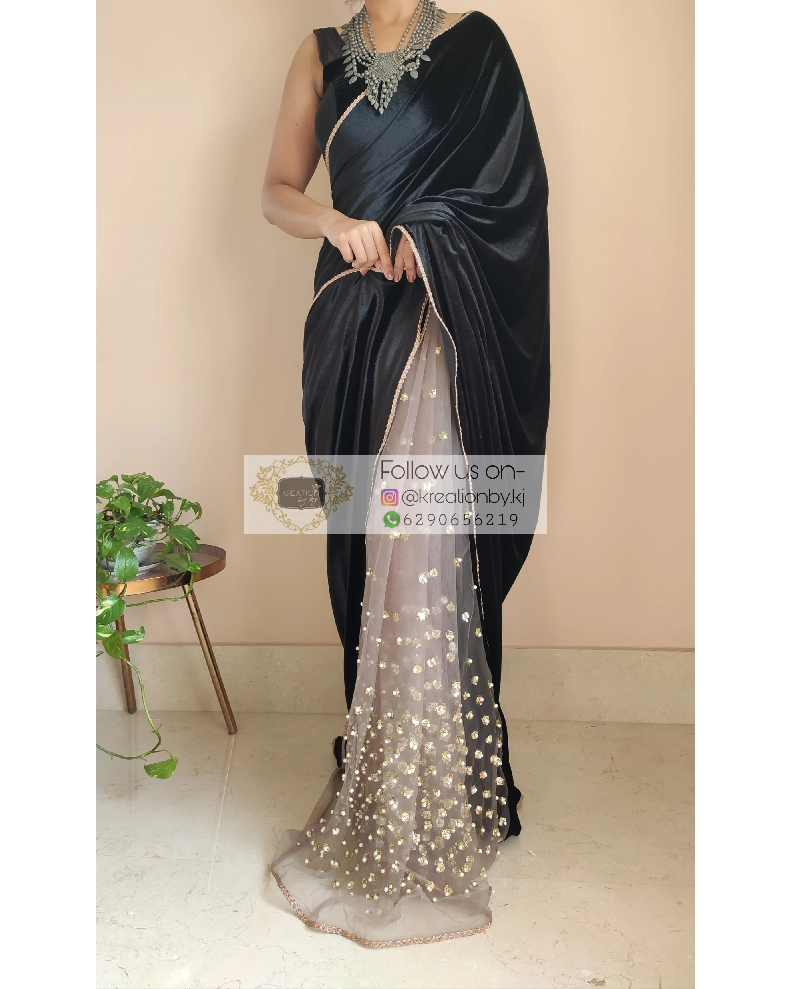 Black Velvet And Chocolate Net Embellished Saree