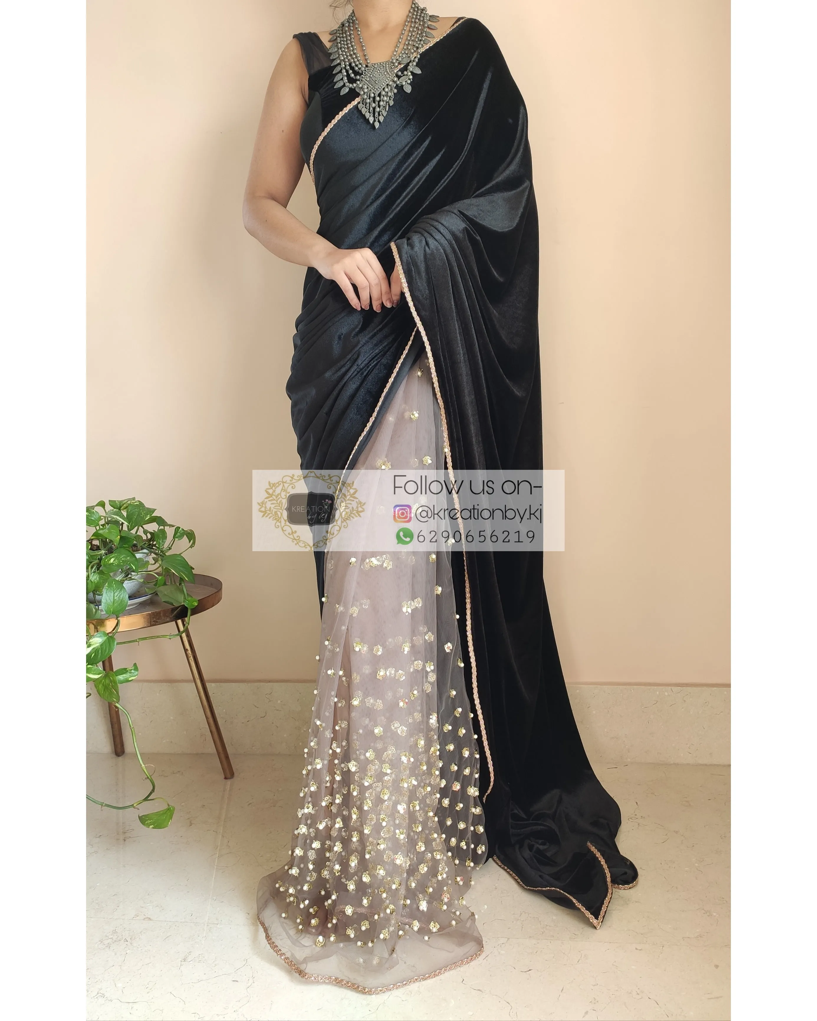 Black Velvet And Chocolate Net Embellished Saree